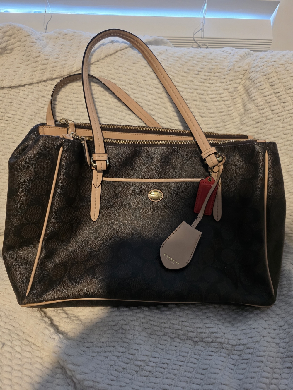 Coach Dark Brown Signature Tote with Pale Pink Trim and Red Tag